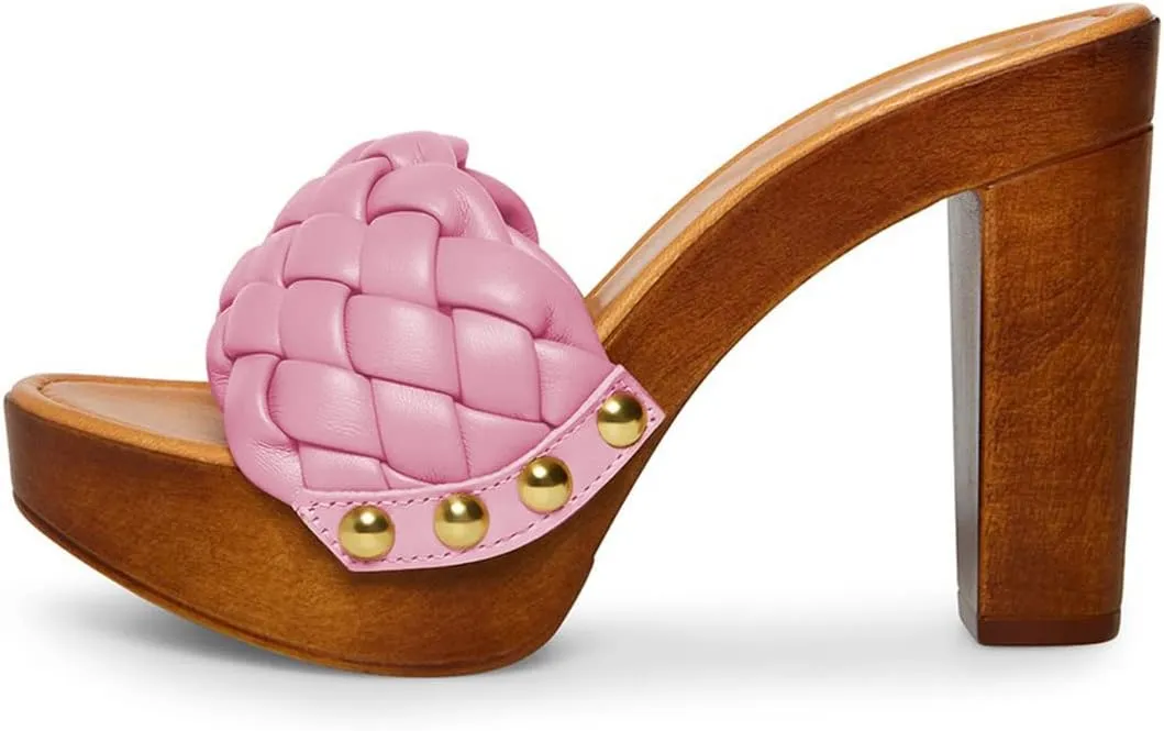 FSJ Shoes Women Braided Open Toe Chunky High Heel Sandal Woven Slip On Mule Comfortable Platform Casual Backless Dress Slide Slippers Size 4-15 US