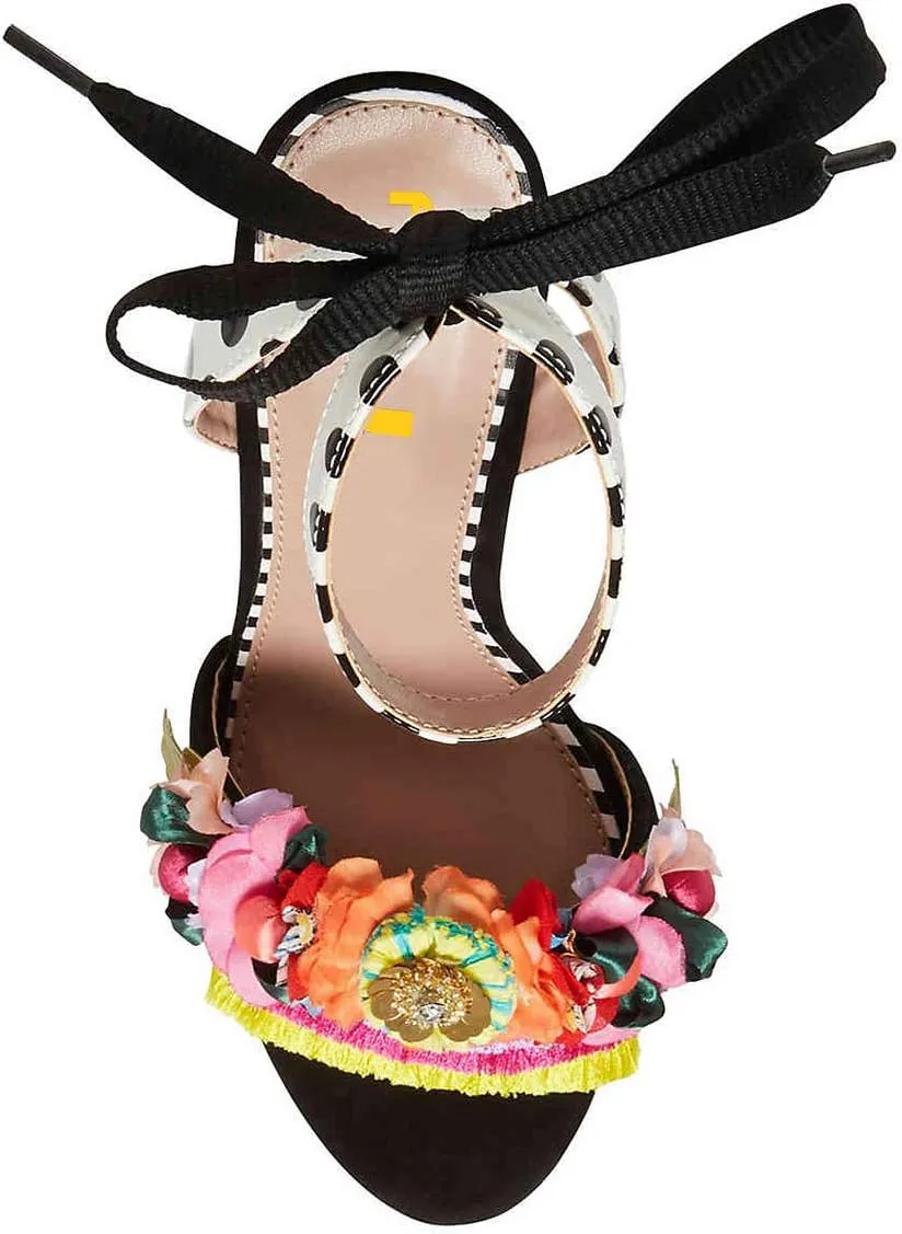 FSJ Women Floral Stiletto High Heel Sandal Ankle Strap Open Toe Pump D'Orsay Polka Dot Lace up Dress Party Summer Shoes Size 4-15 US