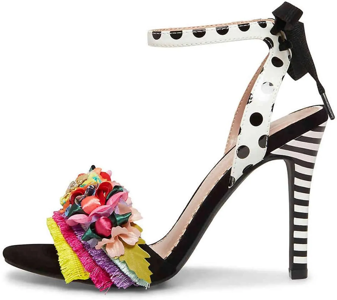 FSJ Women Floral Stiletto High Heel Sandal Ankle Strap Open Toe Pump D'Orsay Polka Dot Lace up Dress Party Summer Shoes Size 4-15 US