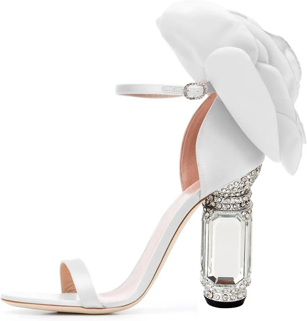 FSJ Women Open Toe Crystal Block Heels Sandals with Flower Bloom Back Ankle Strap Buckle Silk Satin Chunky Thick High Heels Wedding Party Pump Shoes Size 4-16 US