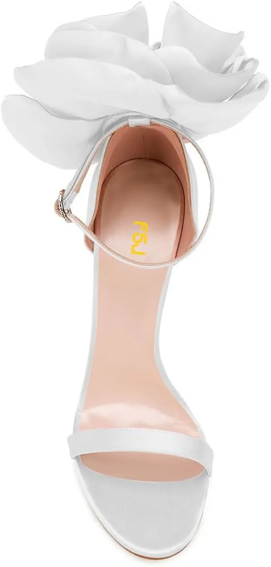 FSJ Women Open Toe Crystal Block Heels Sandals with Flower Bloom Back Ankle Strap Buckle Silk Satin Chunky Thick High Heels Wedding Party Pump Shoes Size 4-16 US