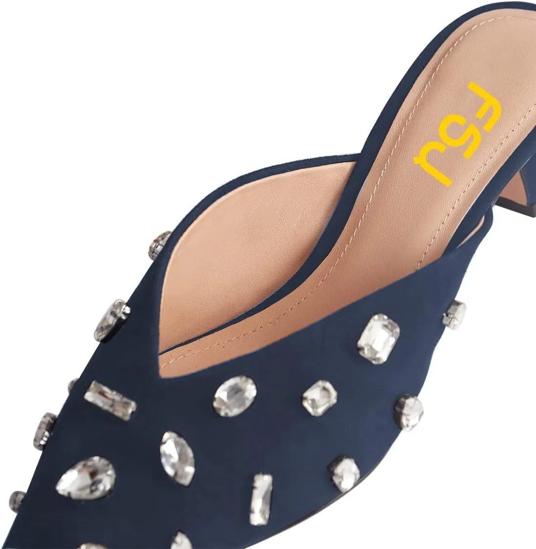FSJ Women Retro Crystal Rhinestone Pointed Toe Slip on Kitten Heel Mules Low Heel Pumps Slide Slipper Girls Party Classic Outfit Sandals Size 4-15 US