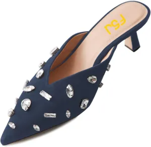 FSJ Women Retro Crystal Rhinestone Pointed Toe Slip on Kitten Heel Mules Low Heel Pumps Slide Slipper Girls Party Classic Outfit Sandals Size 4-15 US