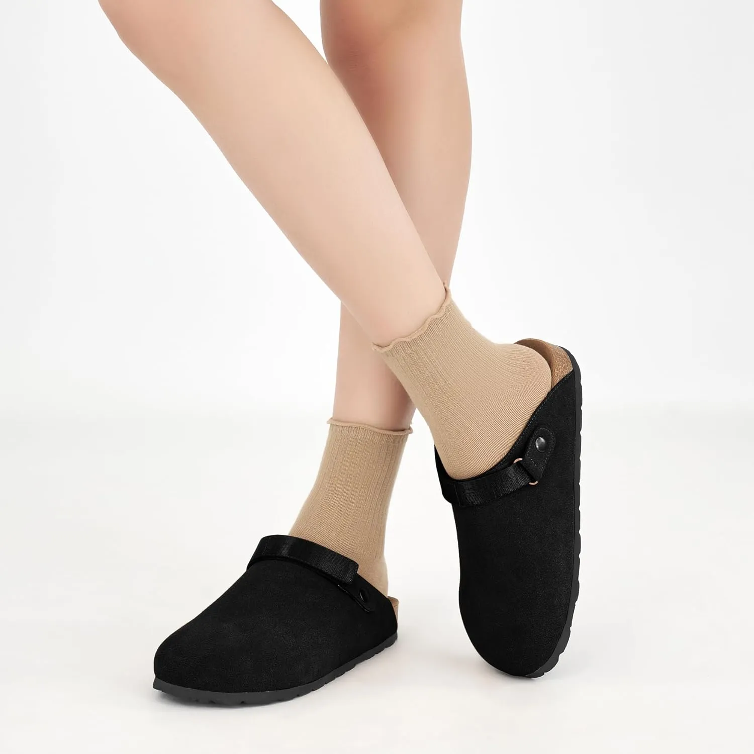 FUDYNMALC Womens Clogs Slip On Shoes: Suede Cork Footbed Mules Women 2025 Potato Slippers with Adjustable Swivel Strap