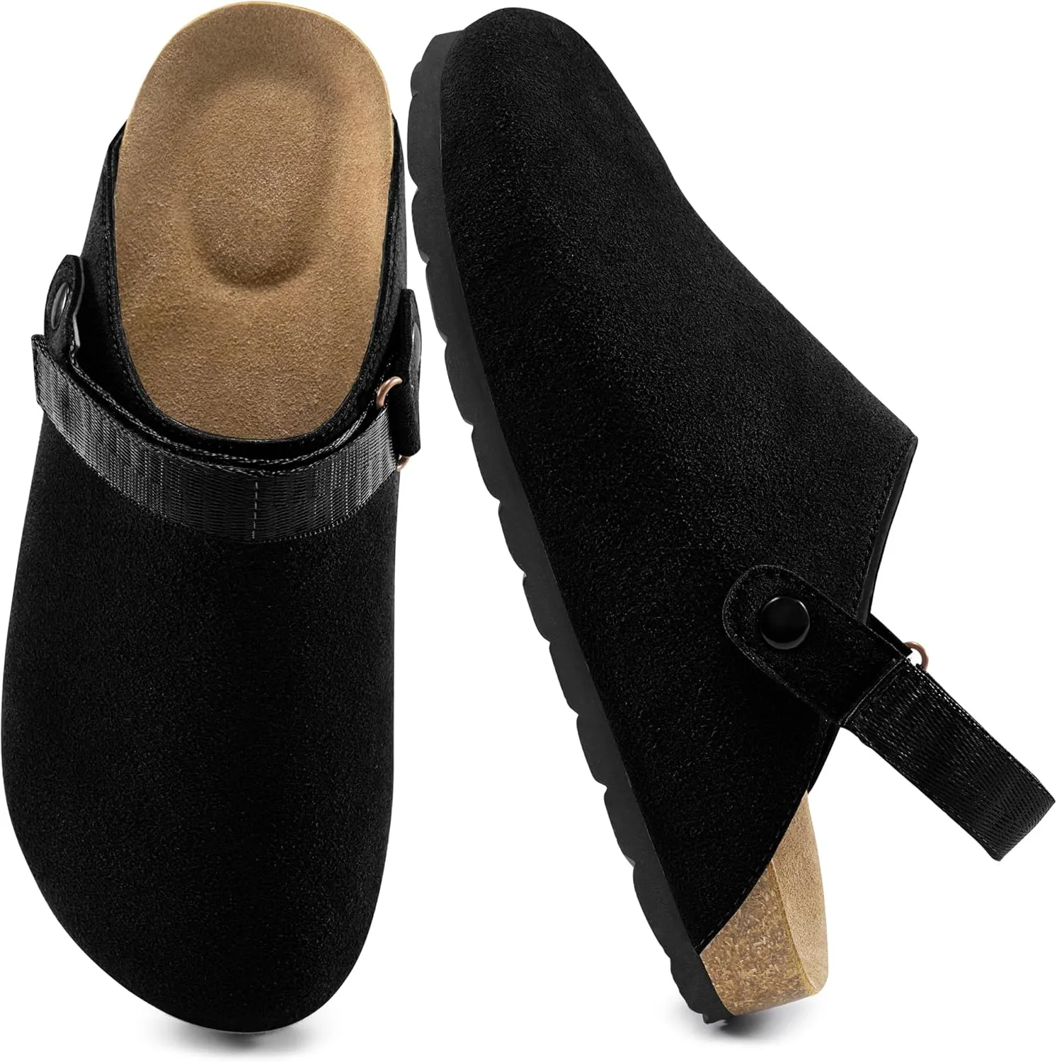 FUDYNMALC Womens Clogs Slip On Shoes: Suede Cork Footbed Mules Women 2025 Potato Slippers with Adjustable Swivel Strap