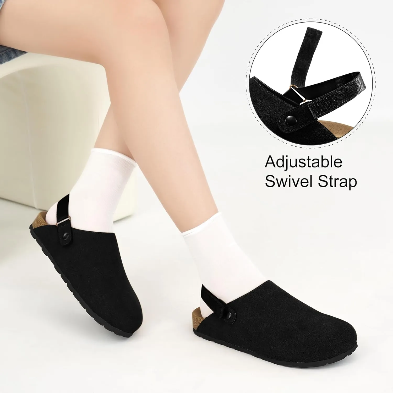 FUDYNMALC Womens Clogs Slip On Shoes: Suede Cork Footbed Mules Women 2025 Potato Slippers with Adjustable Swivel Strap