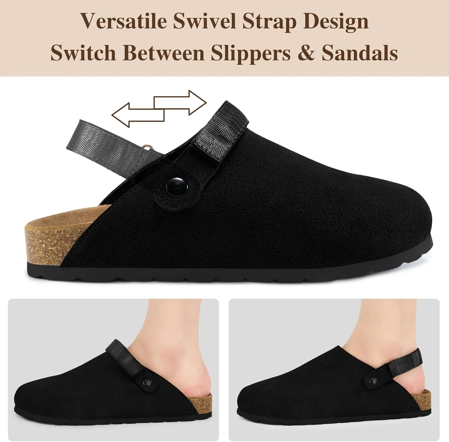 FUDYNMALC Womens Clogs Slip On Shoes: Suede Cork Footbed Mules Women 2025 Potato Slippers with Adjustable Swivel Strap