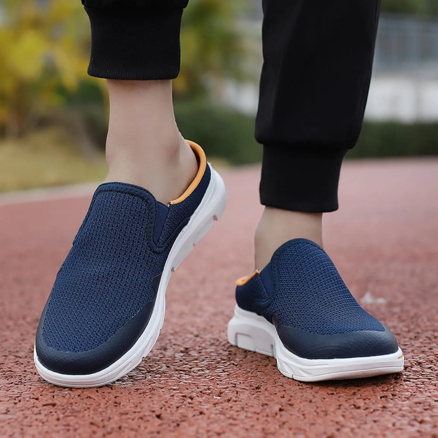 FUNCOS Breathable Knit Slip-On Mule Sneakers for Men, Closed Toe Slides with Open Back Design