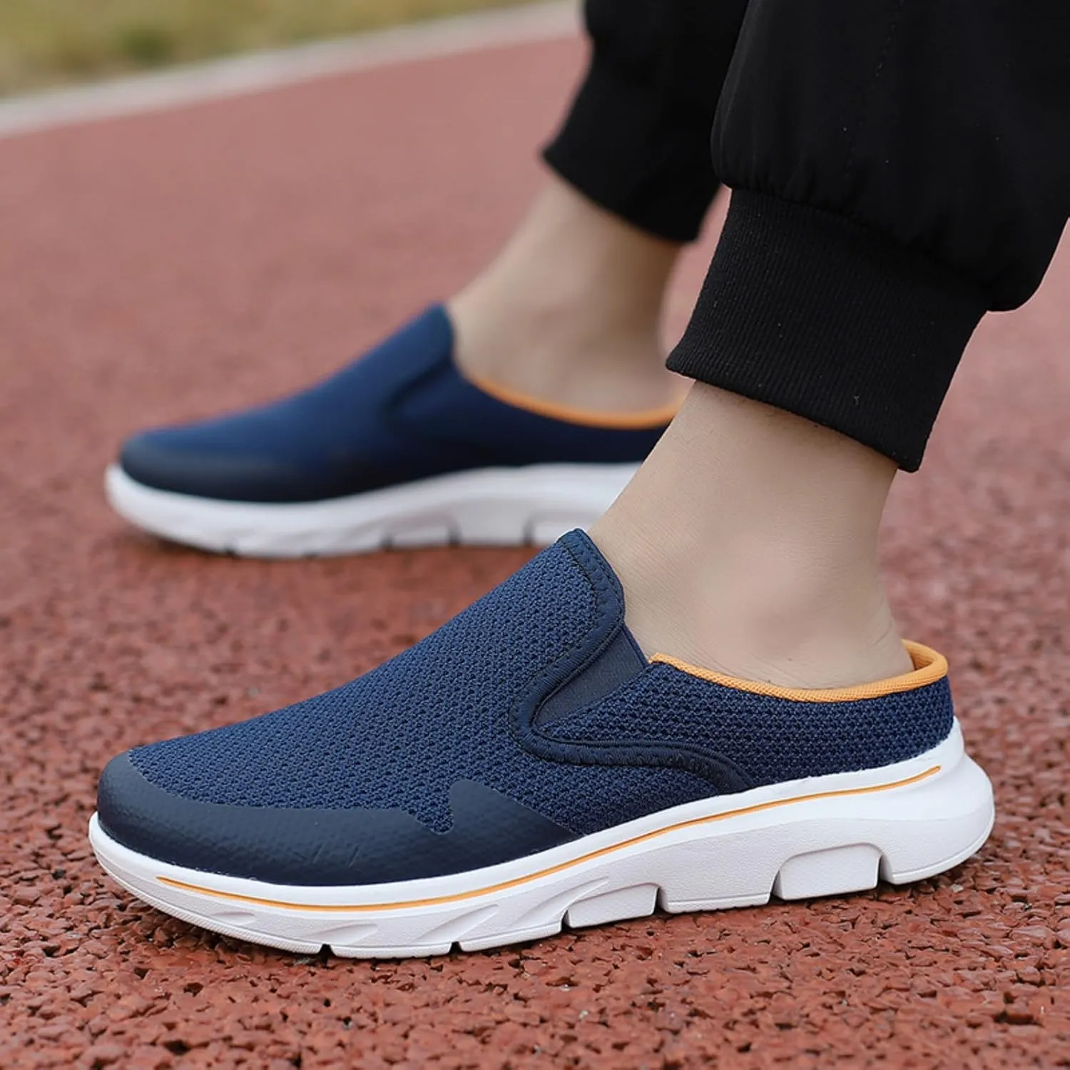FUNCOS Breathable Knit Slip-On Mule Sneakers for Men, Closed Toe Slides with Open Back Design