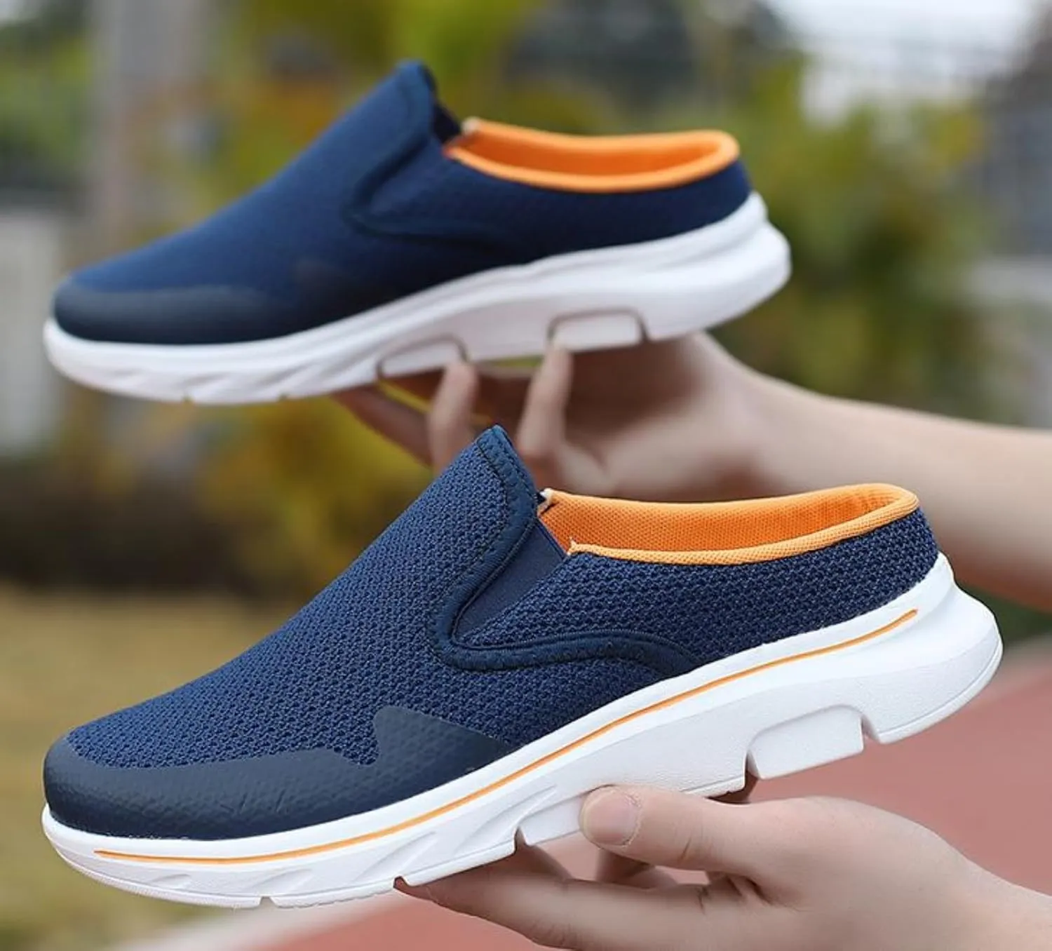 FUNCOS Breathable Knit Slip-On Mule Sneakers for Men, Closed Toe Slides with Open Back Design