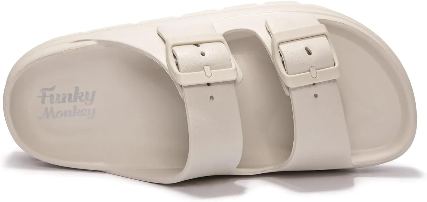 FUNKYMONKEY Women's Comfort Slides Double Buckle Adjustable Plastics Flat Sandals