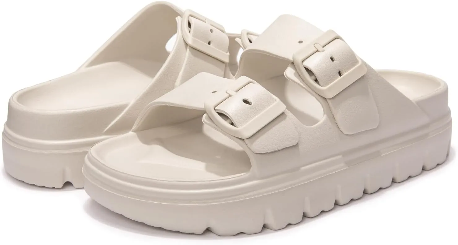 FUNKYMONKEY Women's Comfort Slides Double Buckle Adjustable Plastics Flat Sandals