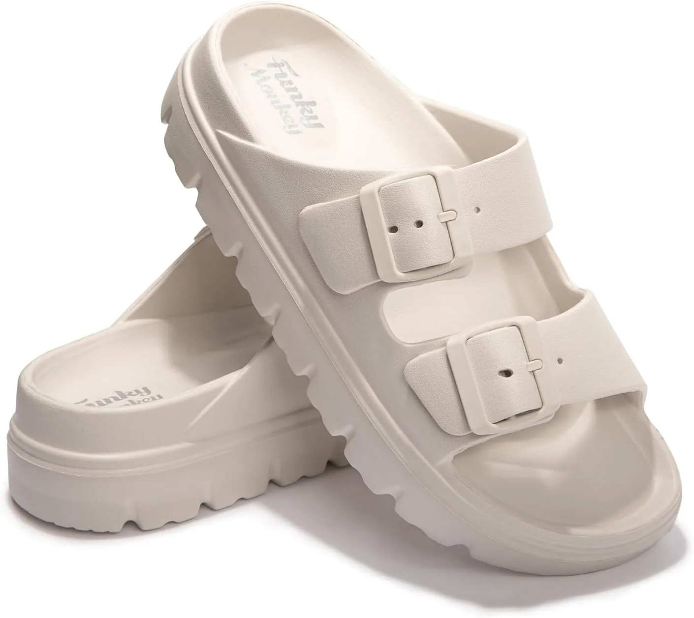 FUNKYMONKEY Women's Comfort Slides Double Buckle Adjustable Plastics Flat Sandals