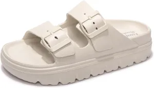 FUNKYMONKEY Women's Comfort Slides Double Buckle Adjustable Plastics Flat Sandals