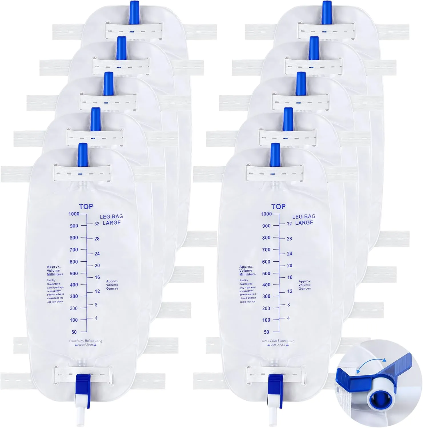 Geiserailie 1000ml Leg Bag Urinary Drainage Bag with Cloth Straps, 33.8oz Large Capacity Urine Leg Bag with Anti Reflux Valve, Easy Flip Drain, Urinary Leg Bag for Men, Women (10 Pack)