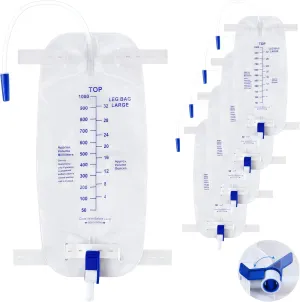 Geiserailie 5 Pack 1000ml Leg Bag Urinary Drainage Bag with 12" Tubing and Anti Reflux Valve, 33.8oz Large Capacity Urine Leg Bag with Cloth Straps, Easy Flip Drain, Urinary Leg Bag for Men, Women
