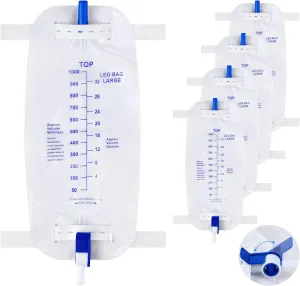 Geiserailie 5 Pack 1000ml Leg Bag Urinary Drainage Bag with Cloth Straps, 33.8oz Large Capacity Urine Leg Bag with Anti Reflux Valve, Easy Flip Drain, Urinary Leg Bag for Men, Women