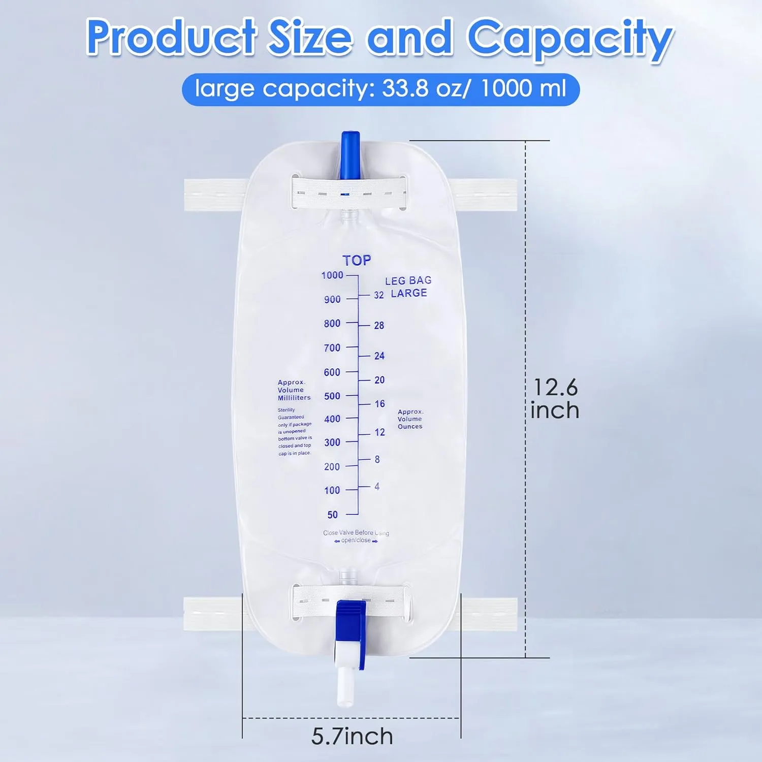 Geiserailie 5 Pack 1000ml Leg Bag Urinary Drainage Bag with Cloth Straps, 33.8oz Large Capacity Urine Leg Bag with Anti Reflux Valve, Easy Flip Drain, Urinary Leg Bag for Men, Women