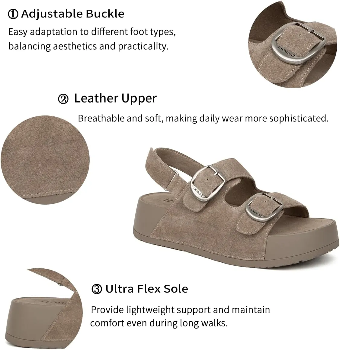 Genuine Leather Platform Sandals Women Slip-on Beach Sandals Slide Buckle Comfortable with Soft Lining and Open Toe Low Wedges