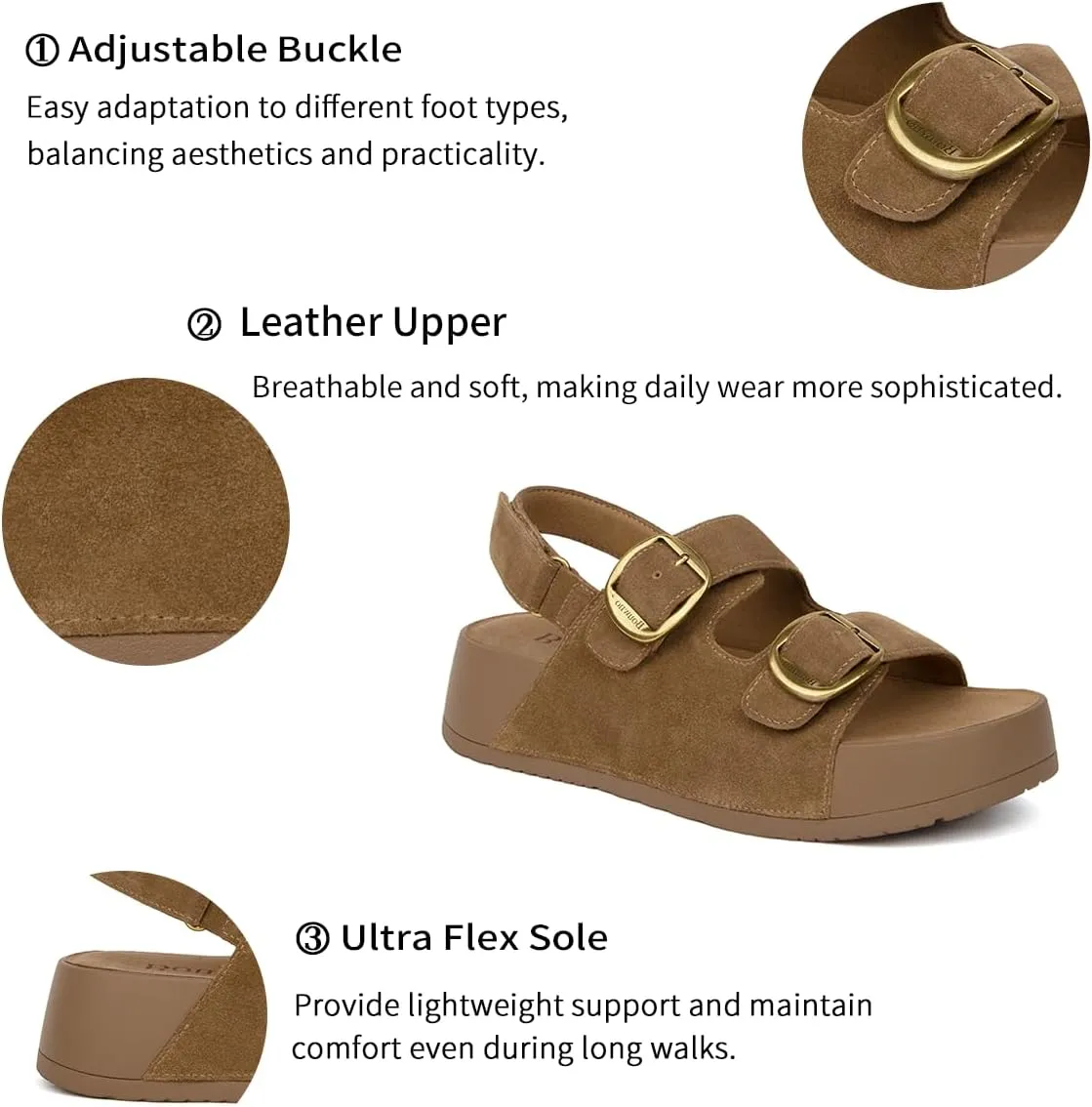 Genuine Leather Platform Sandals Women Slip-on Beach Sandals Slide Buckle Comfortable with Soft Lining and Open Toe Low Wedges