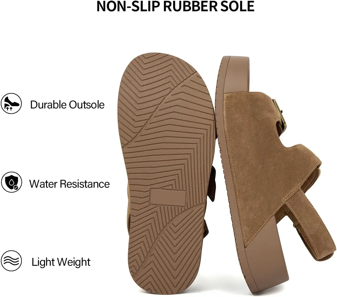 Genuine Leather Platform Sandals Women Slip-on Beach Sandals Slide Buckle Comfortable with Soft Lining and Open Toe Low Wedges