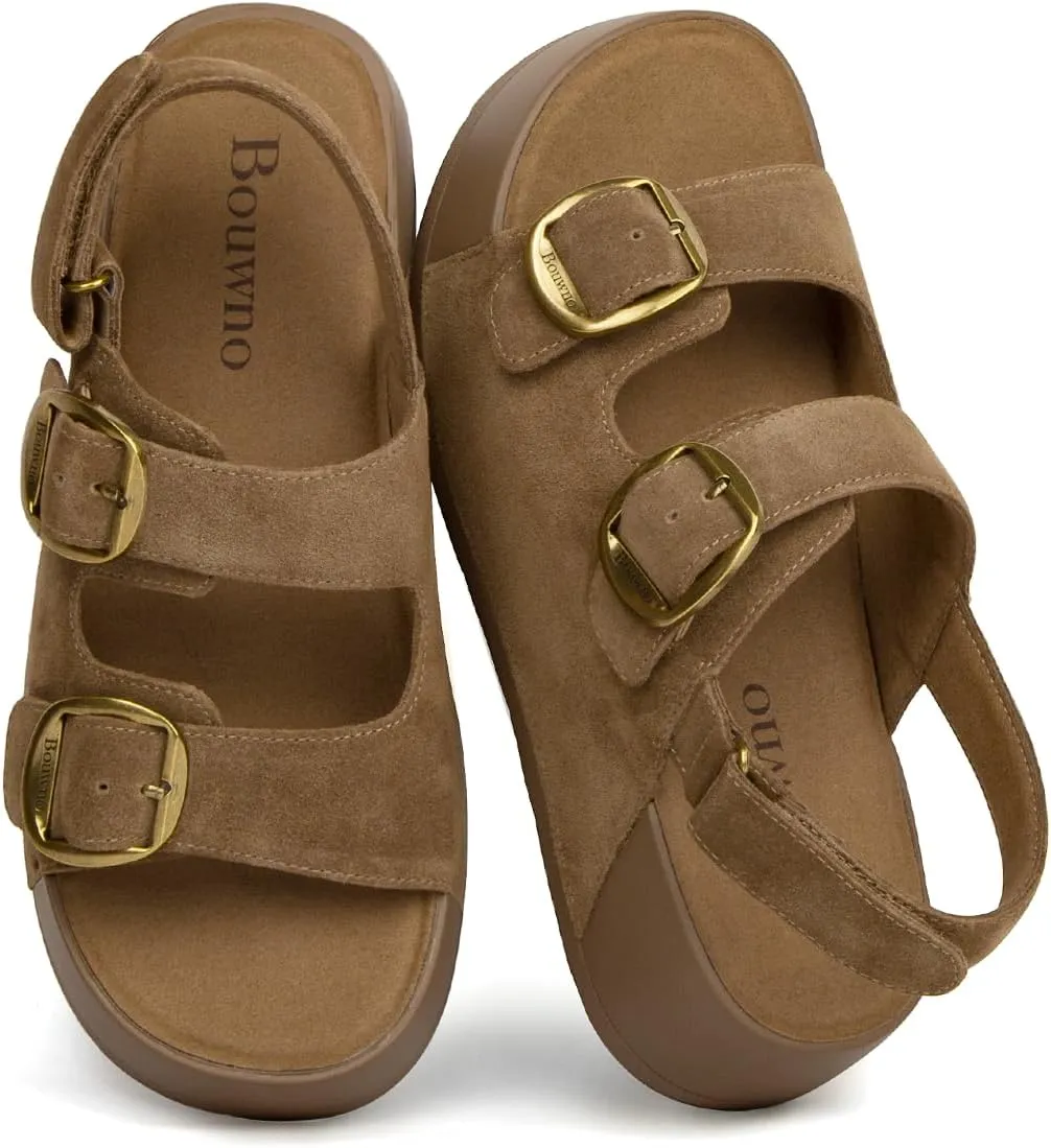 Genuine Leather Platform Sandals Women Slip-on Beach Sandals Slide Buckle Comfortable with Soft Lining and Open Toe Low Wedges