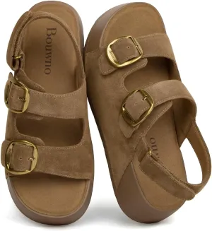 Genuine Leather Platform Sandals Women Slip-on Beach Sandals Slide Buckle Comfortable with Soft Lining and Open Toe Low Wedges