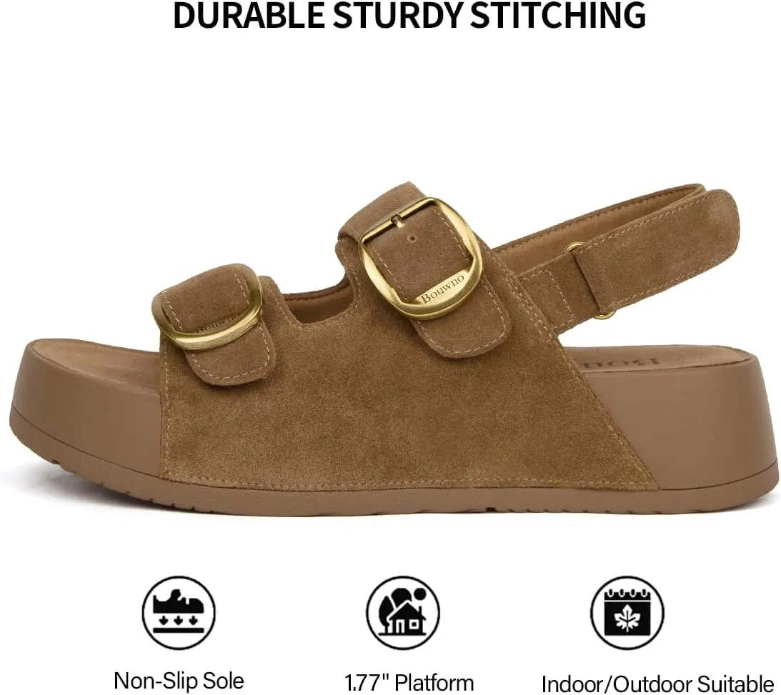 Genuine Leather Platform Sandals Women Slip-on Beach Sandals Slide Buckle Comfortable with Soft Lining and Open Toe Low Wedges
