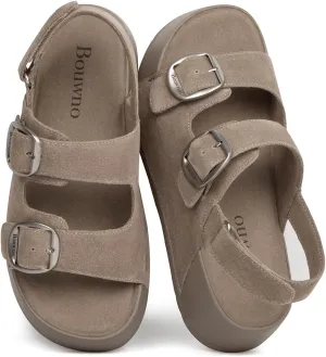 Genuine Leather Platform Sandals Women Slip-on Beach Sandals Slide Buckle Comfortable with Soft Lining and Open Toe Low Wedges