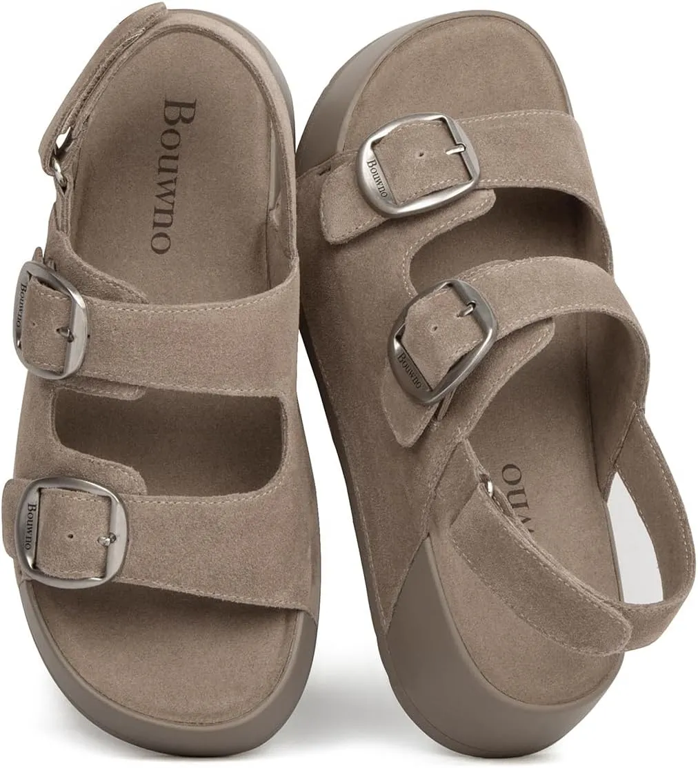 Genuine Leather Platform Sandals Women Slip-on Beach Sandals Slide Buckle Comfortable with Soft Lining and Open Toe Low Wedges