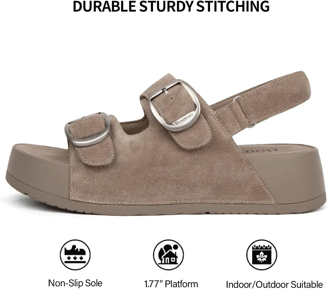 Genuine Leather Platform Sandals Women Slip-on Beach Sandals Slide Buckle Comfortable with Soft Lining and Open Toe Low Wedges