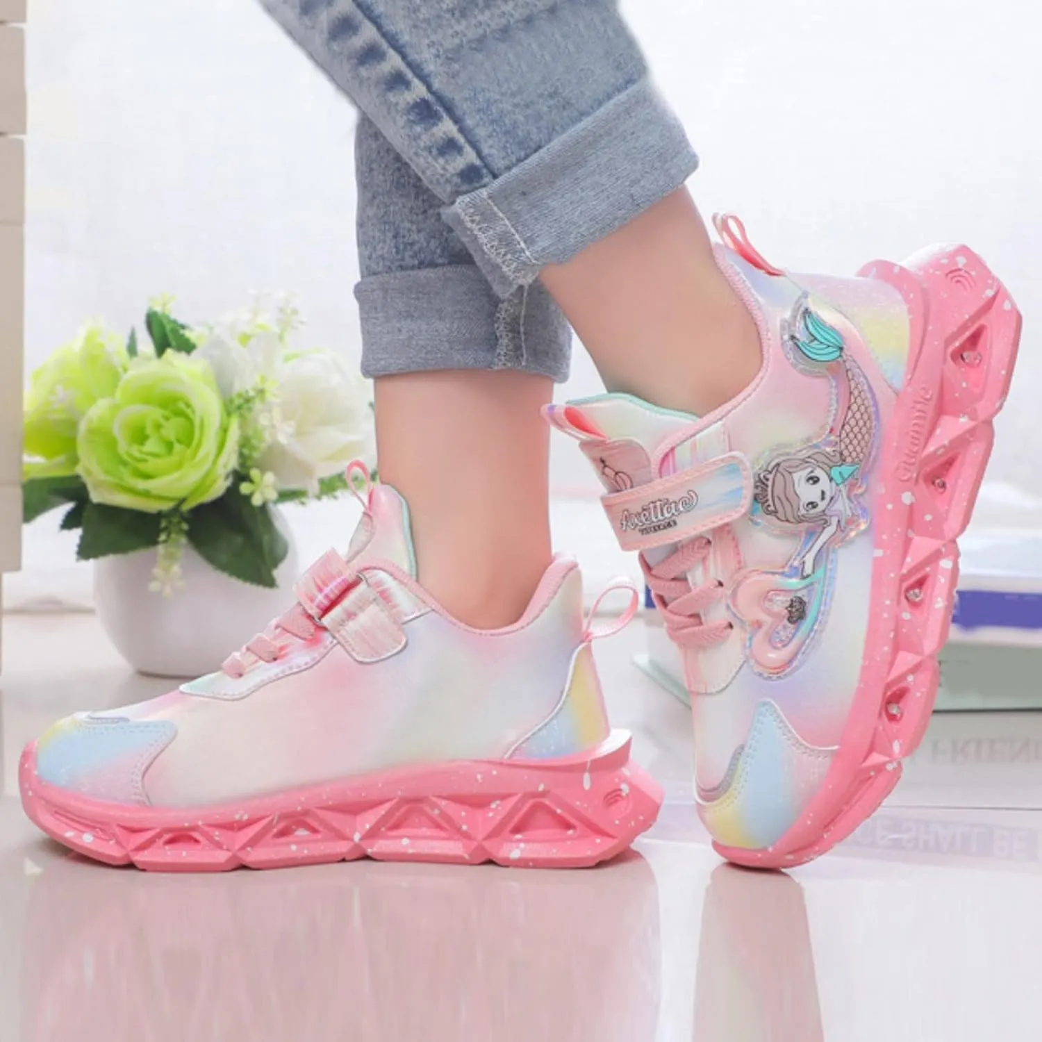 Girls Glitter Sneakers Lightweight Kids Tennis Shoes with Hook and Loop for Toddler/Little Kid/Big Kid