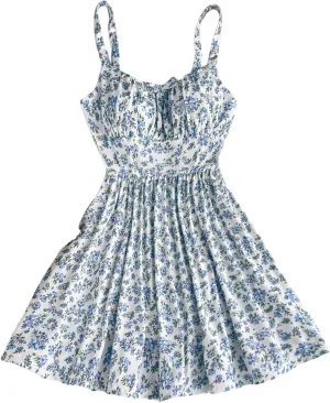 Girl's Summer Dress Floral Print Ruched Bust Spaghetti Strap A Line Flowy Cami Dress