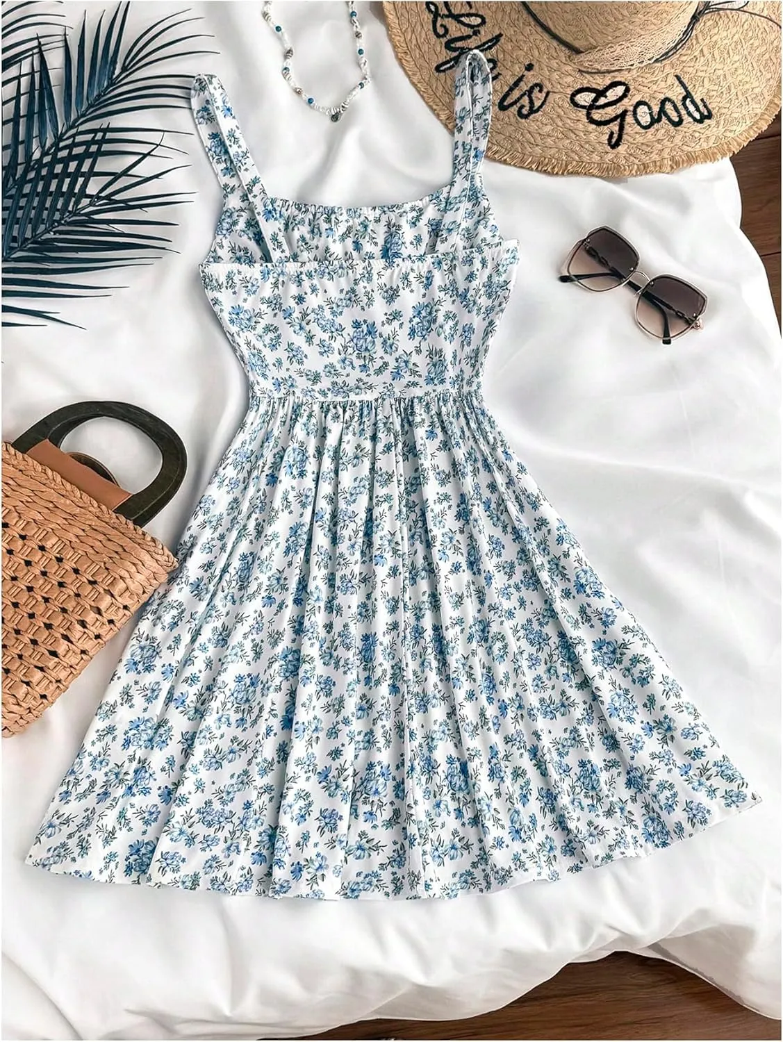 Girl's Summer Dress Floral Print Ruched Bust Spaghetti Strap A Line Flowy Cami Dress