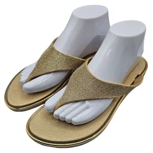 GOLDTOE Womens Sz 9/10 Flip Flop Sandals Gold Glitter Rhinestone
