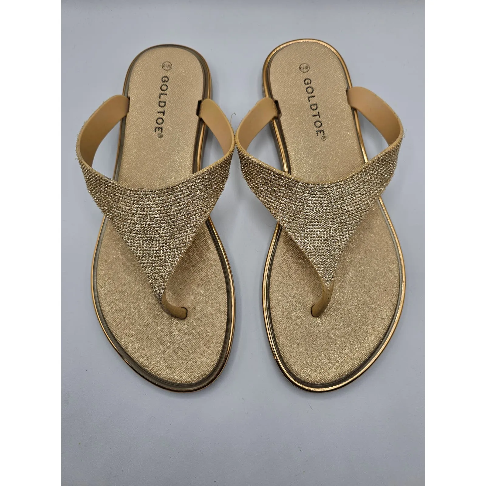 GOLDTOE Womens Sz 9/10 Flip Flop Sandals Gold Glitter Rhinestone