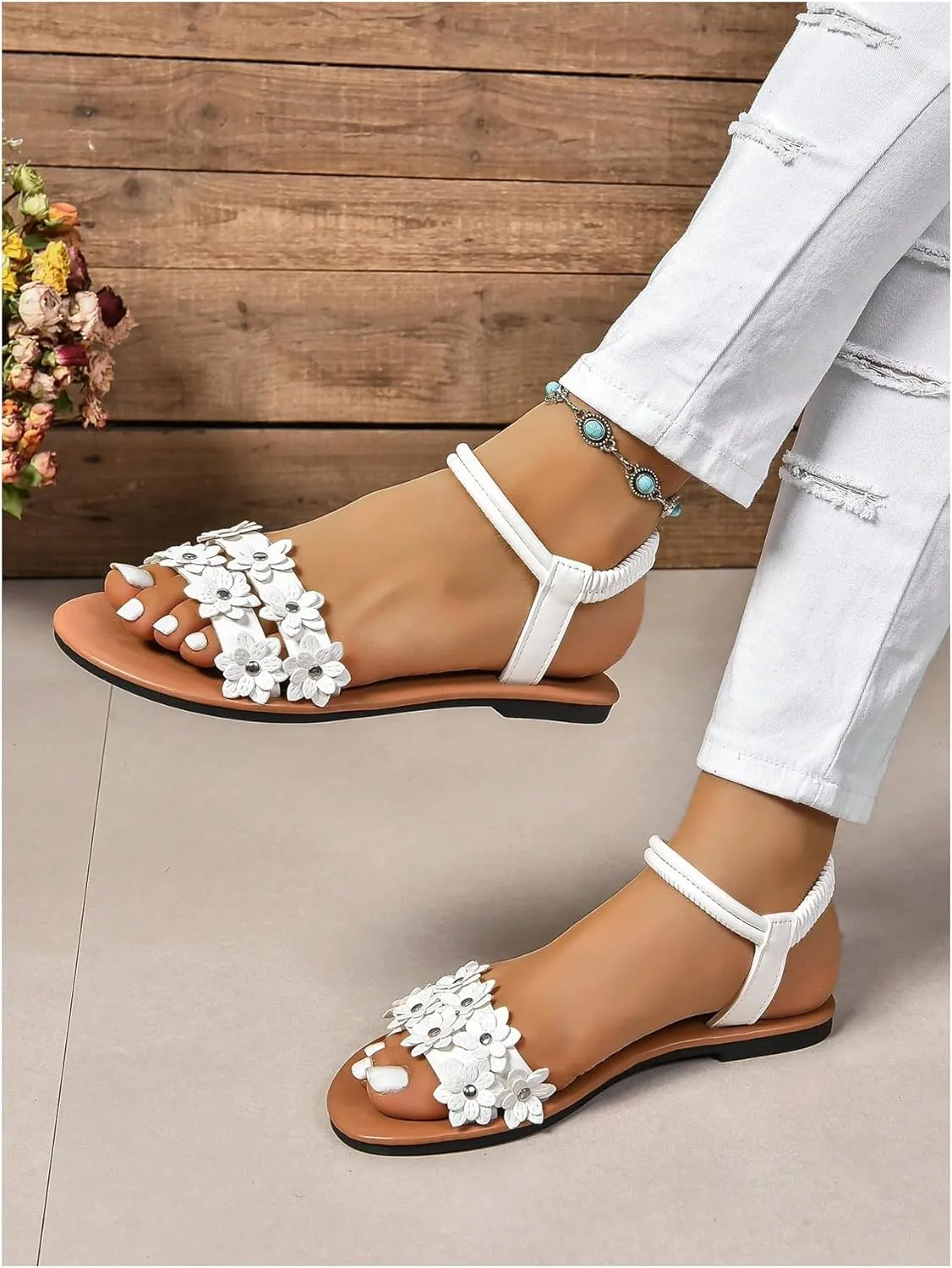 GORGLITTER Women's Ankle Strap Flower Sandals 3D Open Toe Elastic Slingback Slide Sandals