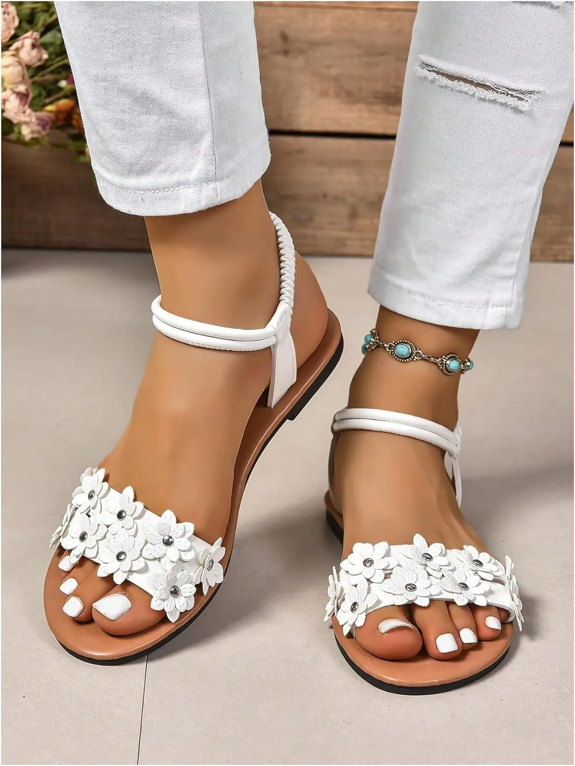 GORGLITTER Women's Ankle Strap Flower Sandals 3D Open Toe Elastic Slingback Slide Sandals