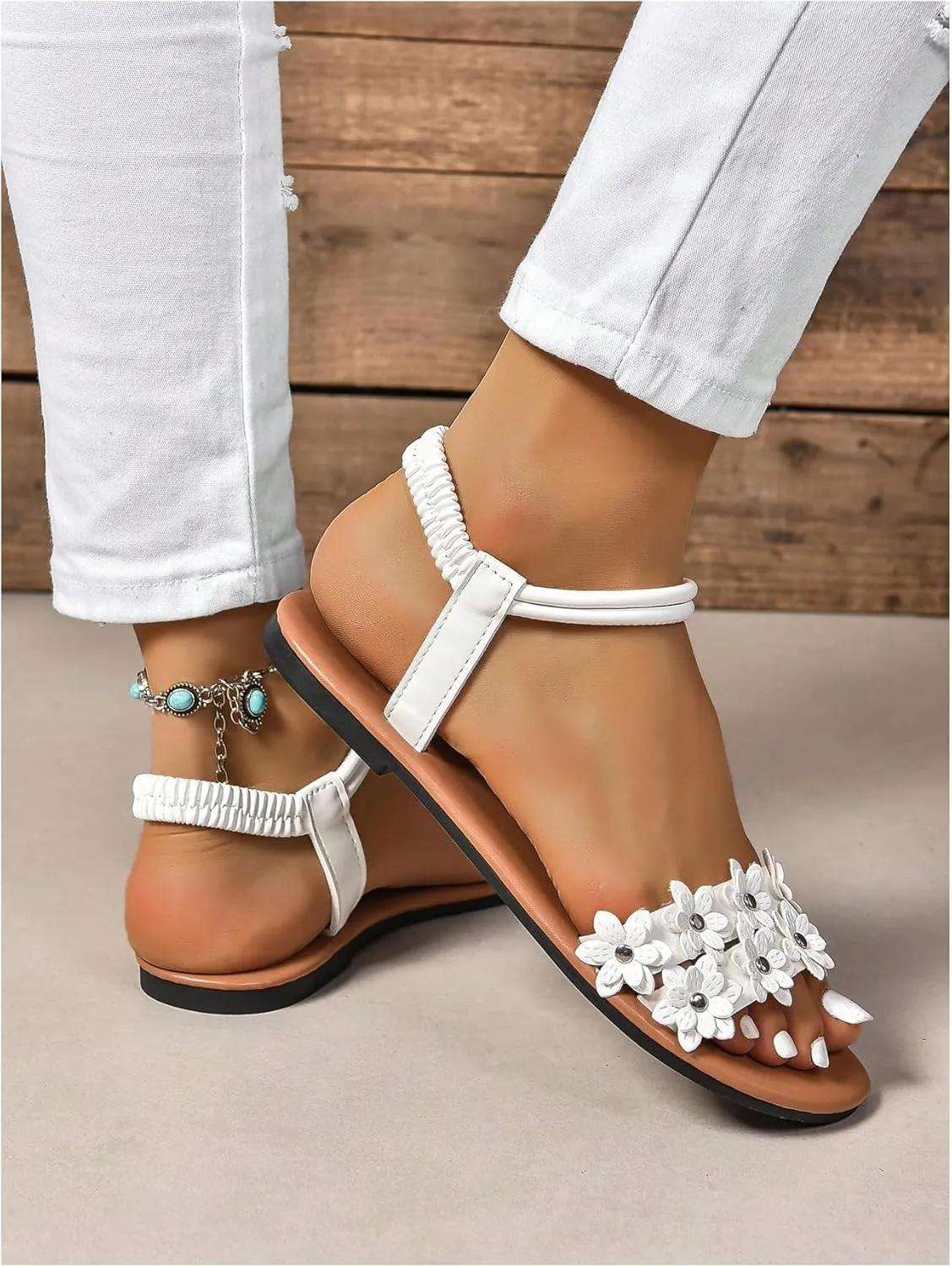 GORGLITTER Women's Ankle Strap Flower Sandals 3D Open Toe Elastic Slingback Slide Sandals
