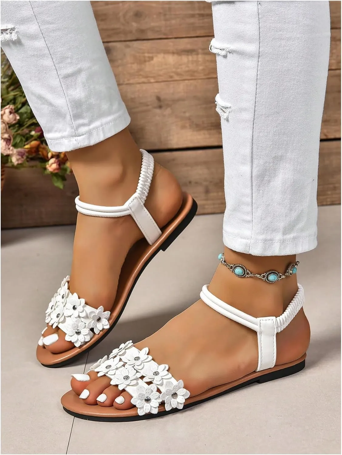GORGLITTER Women's Ankle Strap Flower Sandals 3D Open Toe Elastic Slingback Slide Sandals