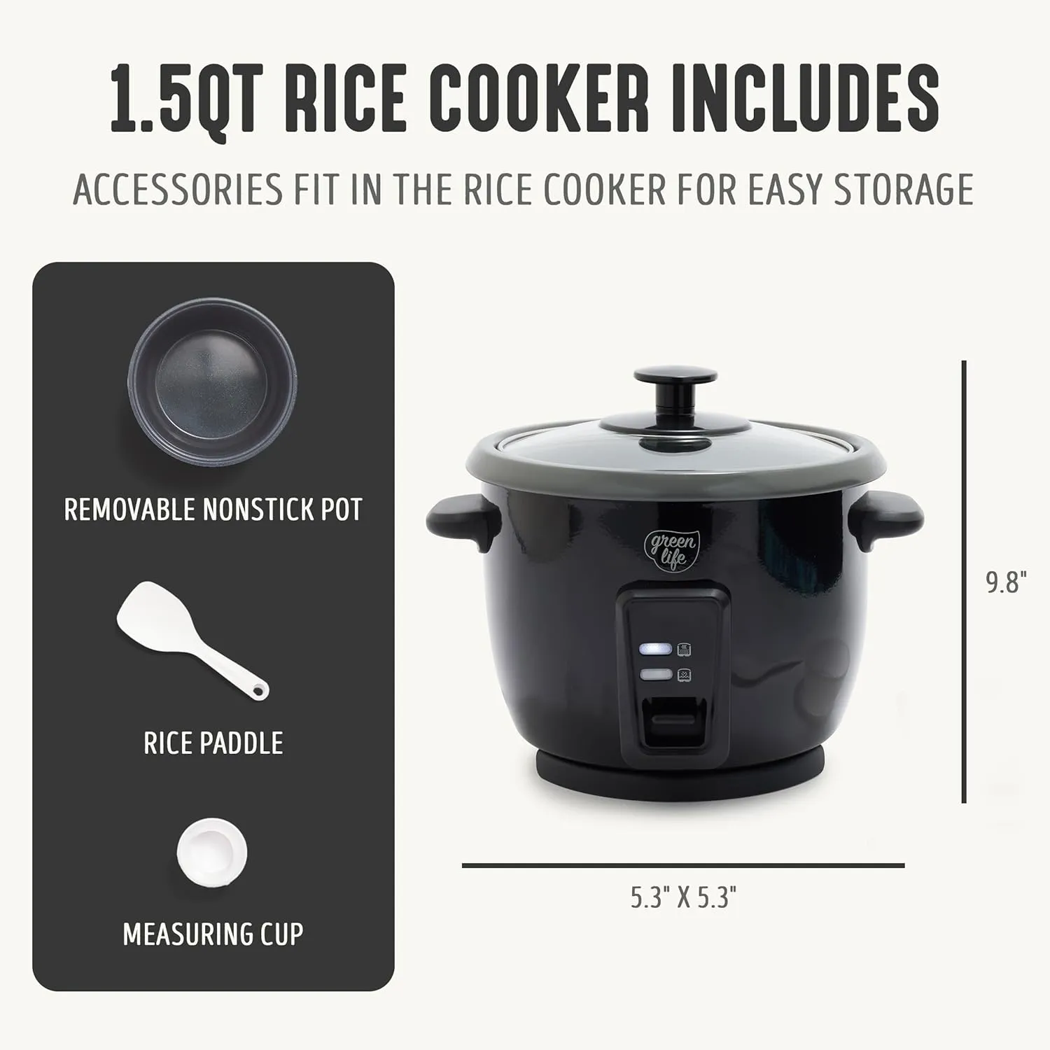 GreenLife 1.5 QT Electric Rice Cooker, Compact Small Size, 3-Cups Uncooked/6-Cups Cooked, PFAS-Free Removable Nonstick Pot Steamer, One-Touch Control, Auto Keep Warm, Measuring Cup, 300W, Black