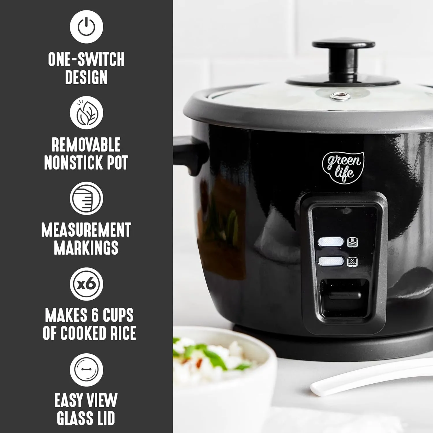 GreenLife 1.5 QT Electric Rice Cooker, Compact Small Size, 3-Cups Uncooked/6-Cups Cooked, PFAS-Free Removable Nonstick Pot Steamer, One-Touch Control, Auto Keep Warm, Measuring Cup, 300W, Black