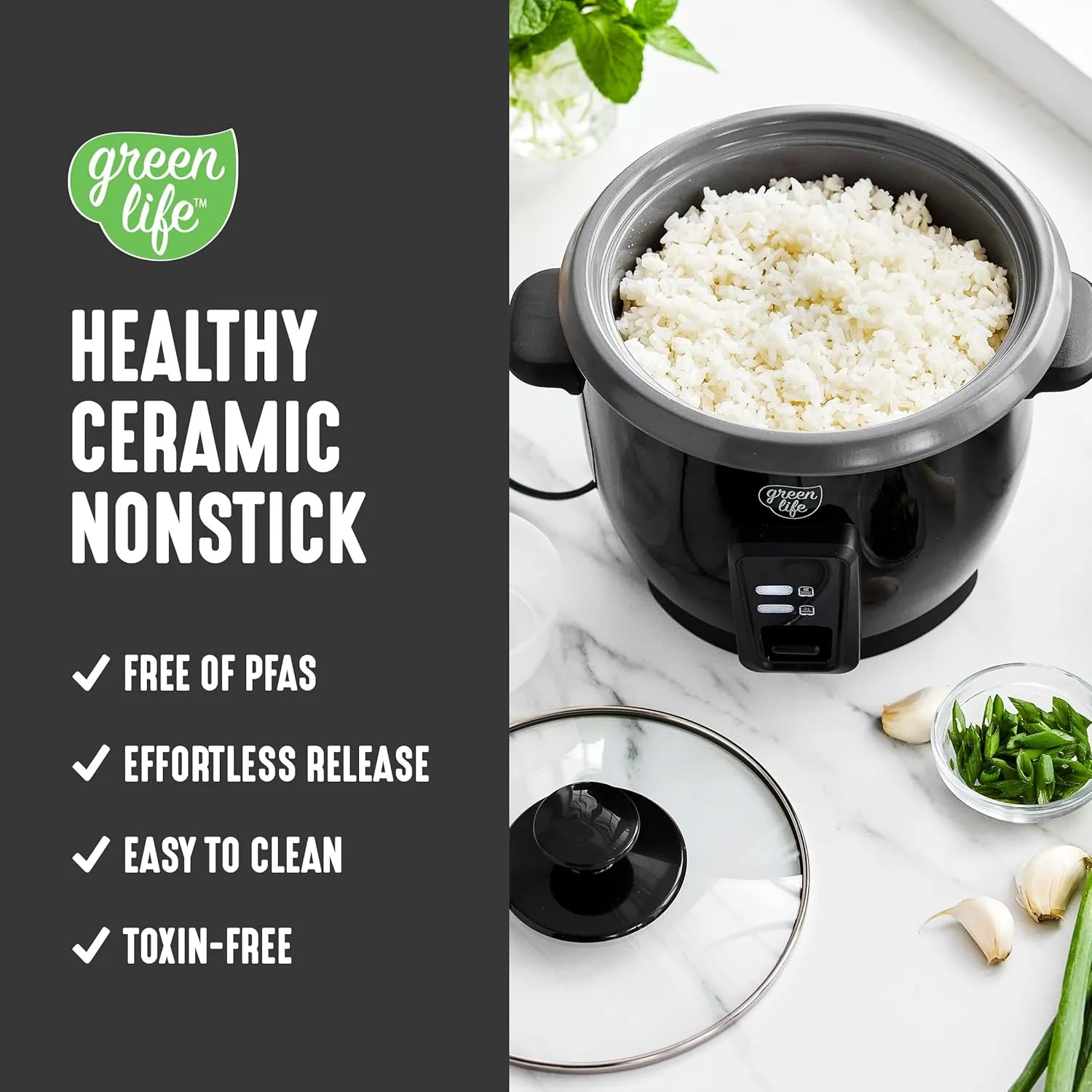 GreenLife 1.5 QT Electric Rice Cooker, Compact Small Size, 3-Cups Uncooked/6-Cups Cooked, PFAS-Free Removable Nonstick Pot Steamer, One-Touch Control, Auto Keep Warm, Measuring Cup, 300W, Black