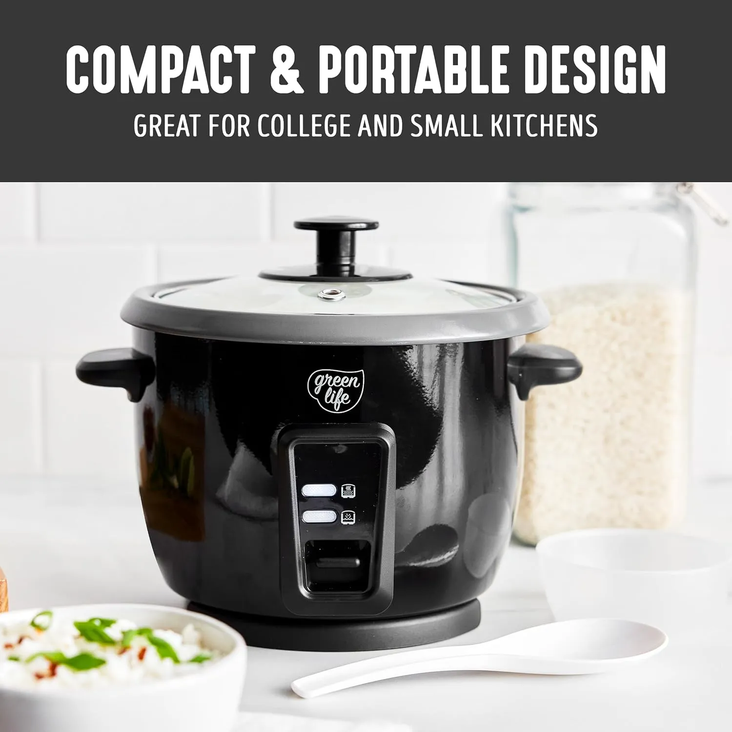 GreenLife 1.5 QT Electric Rice Cooker, Compact Small Size, 3-Cups Uncooked/6-Cups Cooked, PFAS-Free Removable Nonstick Pot Steamer, One-Touch Control, Auto Keep Warm, Measuring Cup, 300W, Black