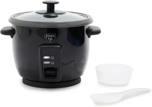 GreenLife 1.5 QT Electric Rice Cooker, Compact Small Size, 3-Cups Uncooked/6-Cups Cooked, PFAS-Free Removable Nonstick Pot Steamer, One-Touch Control, Auto Keep Warm, Measuring Cup, 300W, Black