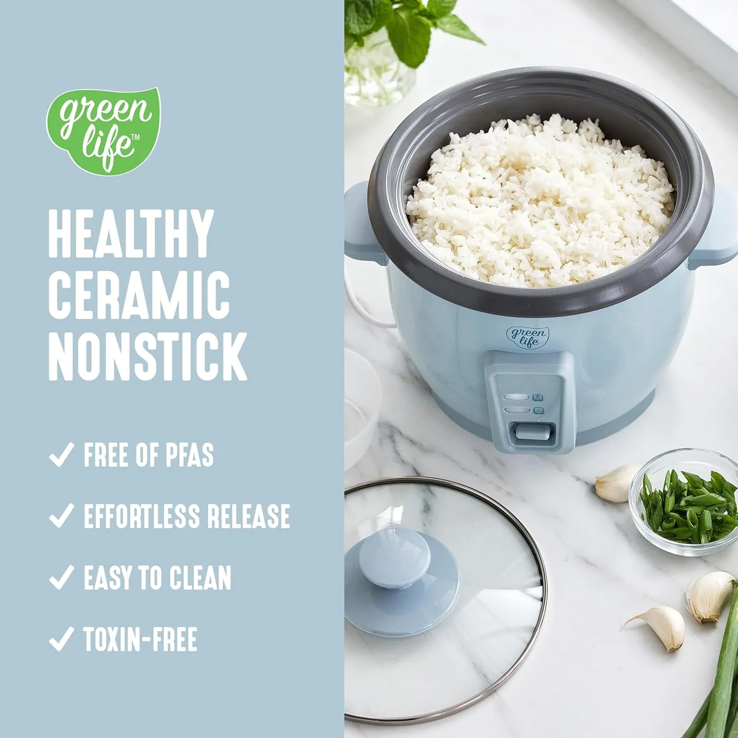 GreenLife 1.5 QT Electric Rice Cooker, Compact Small Size, 3-Cups Uncooked/6-Cups Cooked, PFAS-Free Removable Nonstick Pot Steamer, One-Touch Control, Auto Keep Warm, Measuring Cup, 300W, Blue