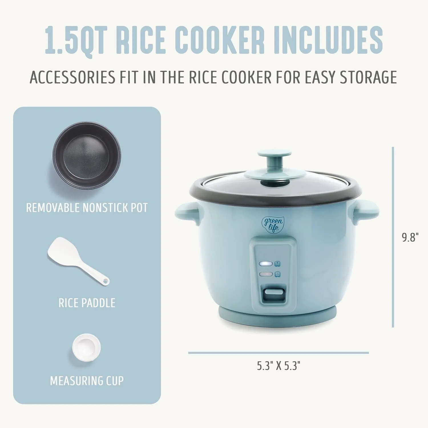 GreenLife 1.5 QT Electric Rice Cooker, Compact Small Size, 3-Cups Uncooked/6-Cups Cooked, PFAS-Free Removable Nonstick Pot Steamer, One-Touch Control, Auto Keep Warm, Measuring Cup, 300W, Blue