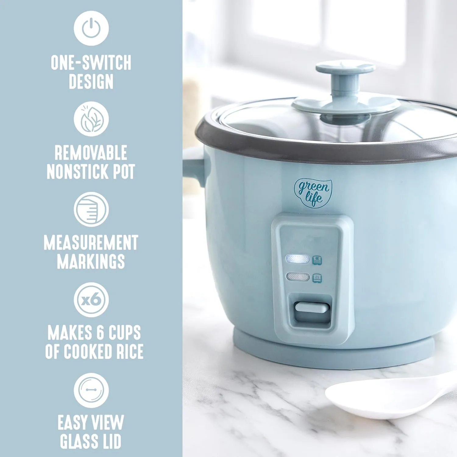GreenLife 1.5 QT Electric Rice Cooker, Compact Small Size, 3-Cups Uncooked/6-Cups Cooked, PFAS-Free Removable Nonstick Pot Steamer, One-Touch Control, Auto Keep Warm, Measuring Cup, 300W, Blue