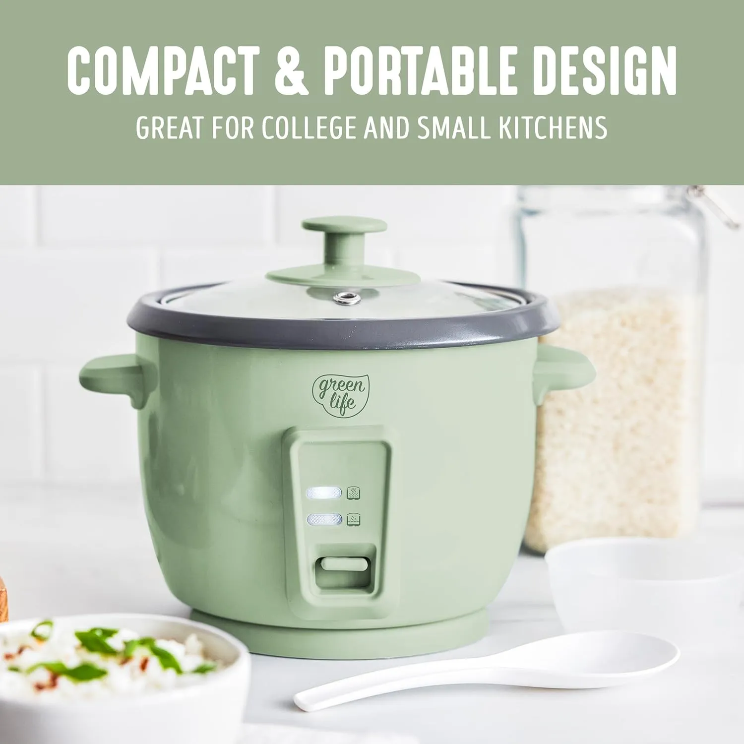 GreenLife 1.5 QT Electric Rice Cooker, Compact Small Size, 3-Cups Uncooked/6-Cups Cooked, PFAS-Free Removable Nonstick Pot Steamer, One-Touch Control, Auto Keep Warm, Measuring Cup, 300W, Green