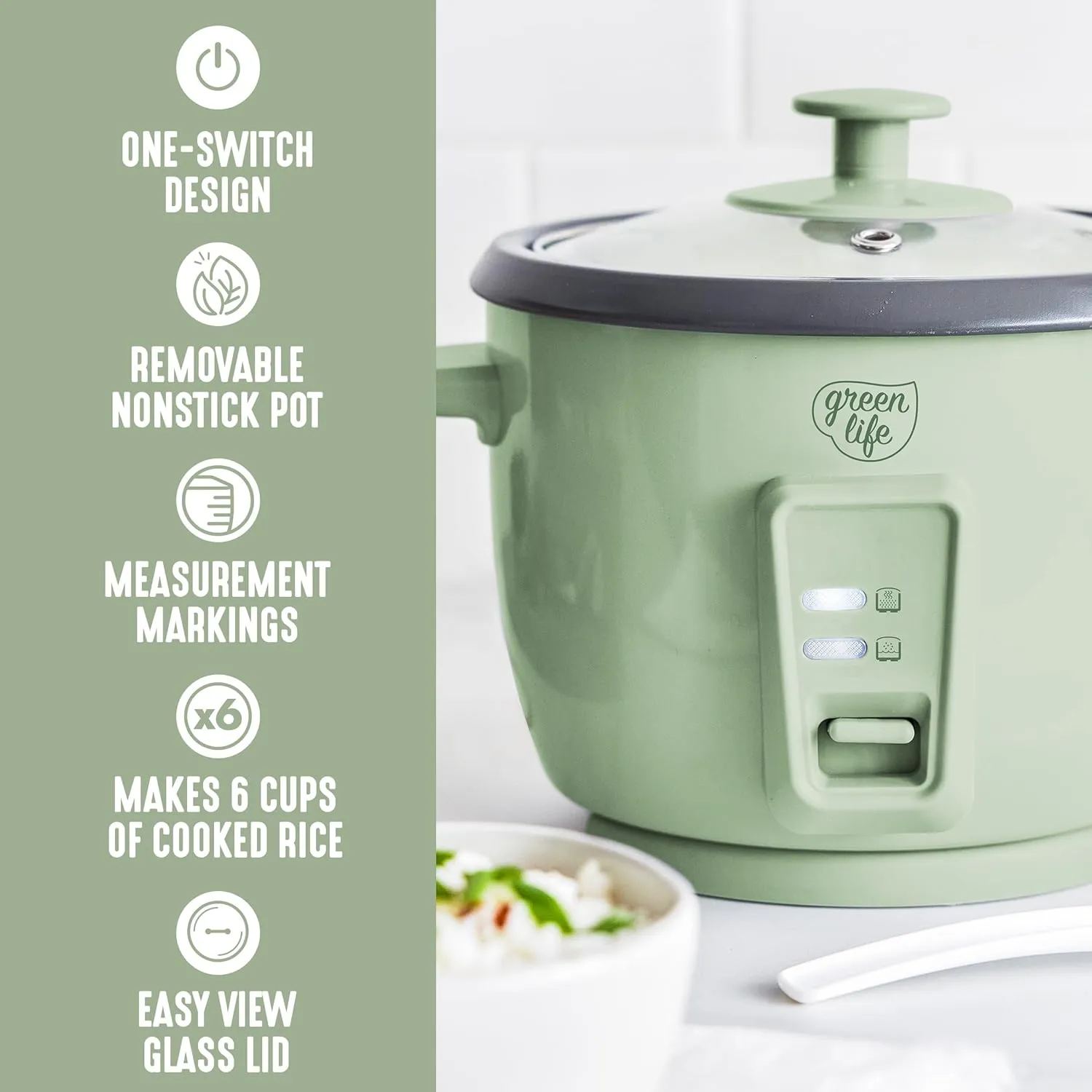 GreenLife 1.5 QT Electric Rice Cooker, Compact Small Size, 3-Cups Uncooked/6-Cups Cooked, PFAS-Free Removable Nonstick Pot Steamer, One-Touch Control, Auto Keep Warm, Measuring Cup, 300W, Green